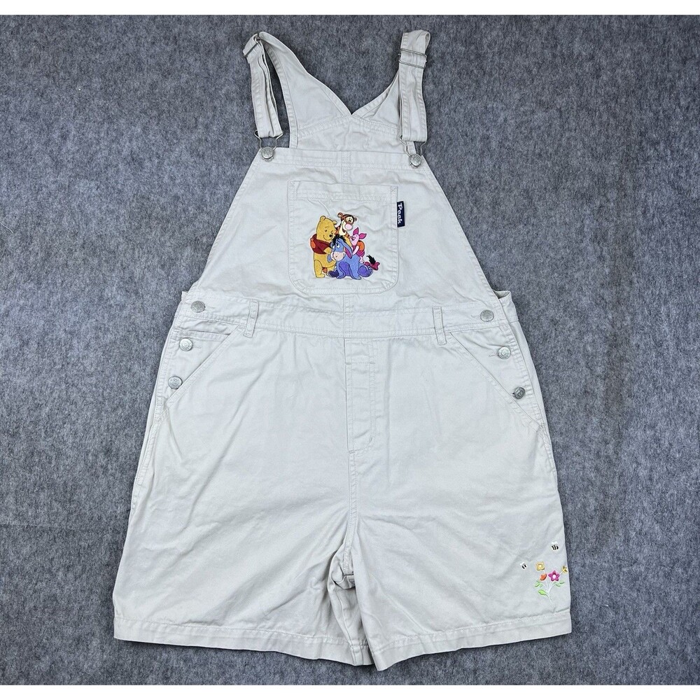 Vtg Pooh Women's Short Overalls Embroidered Pocket Pooh Bear Tan Y2K Size Large